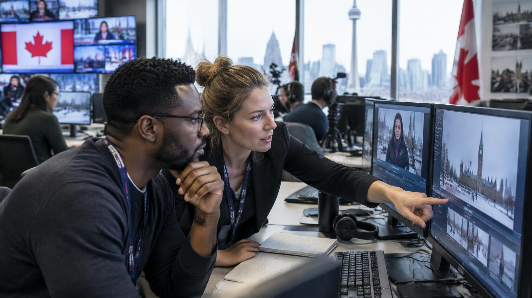 Team of journalists reviewing coverage in a newsroom